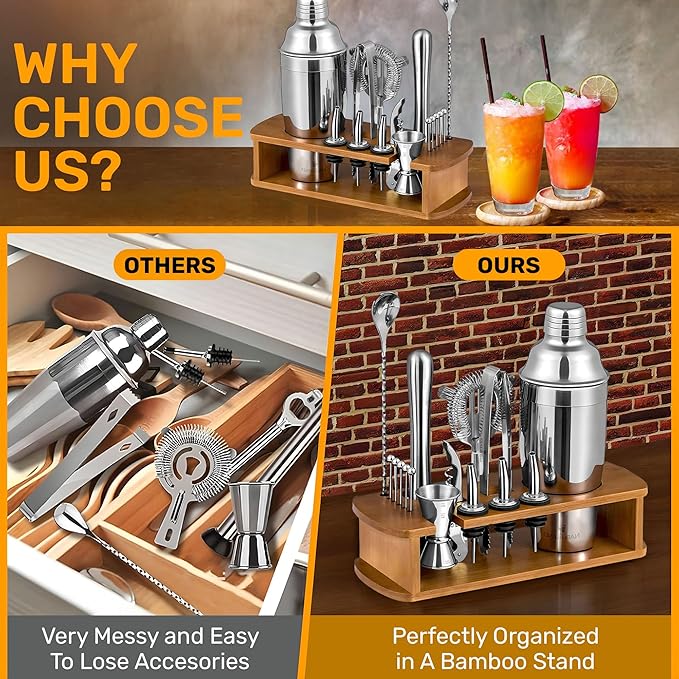 16 Piece Bartender Kit with Bamboo Stand | Cocktail Shaker Set Essential Bar Tools Wine Shaker Ice Filter Mixing Spoon Jigger Wine Dispenser