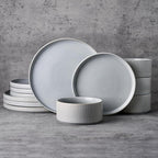 Famiware Star 12-Piece Stoneware Dinnerware Sets, Service for 4 - Handcrafted Reactive Glaze Plates and Bowls, Modern Rustic Dishes, Chip & Scratch Resistant, Microwave & Dishwasher Safe, Matte Gray
