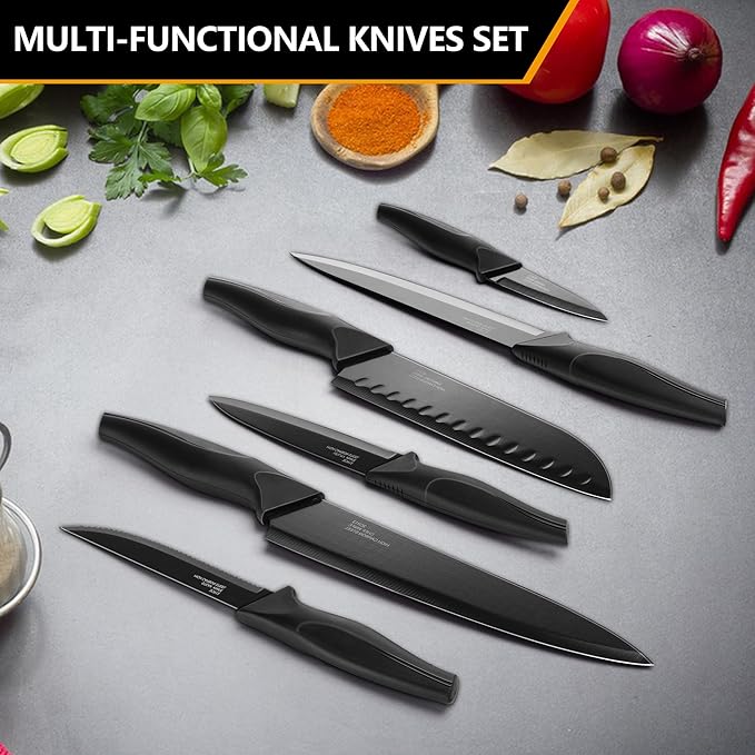 E-far Knife Set with Block, 15 Pieces Kitchen Knife Block Set with Sharpener, High Carbon Stainless Steel Sharp Chef Knife Set with Ergonomic Handles, Anti Rust, Black