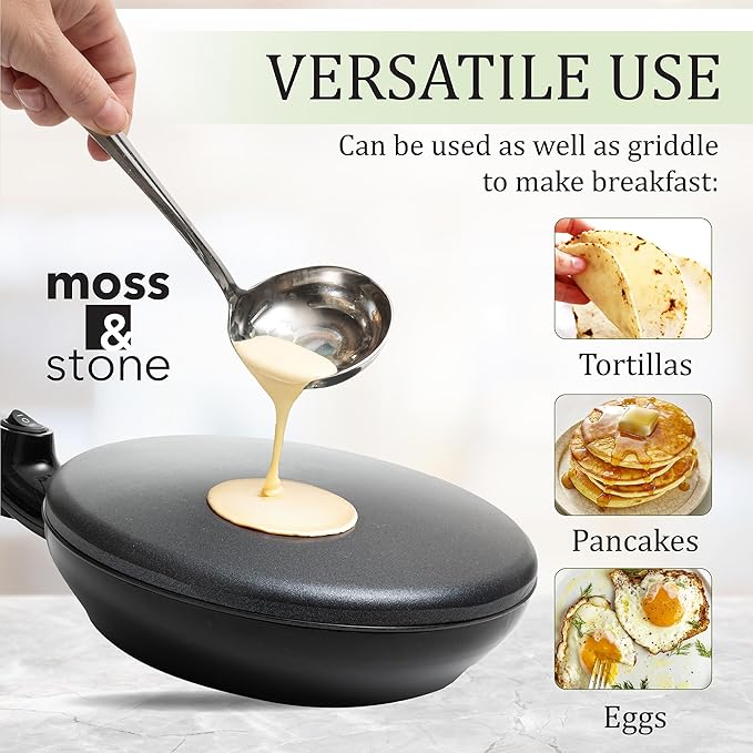 Moss & Stone Cordless Electric Crepe Maker With Auto Power Off, On/Off Switch & Dual Temperature Setting, 8 Inch Portable Crepe Maker & Non-Stick Dipping Plate, Nonstick Coating Pan