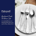 Pfaltzgraff Garland Frost Silverware Set 53-Piece, 18/0 Stainless Steel Flatware Set Service for 8 with Hostess Serving Utensils, Dishwasher Safe Cutlery Set