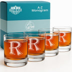 On The Rox (R-Monogram)- 4 Piece Set of 11 Ounce Engraved Heavy Base Rocks Glasses Elegant Glass-Multi-Purpose Beverage-Rocks Glass- Gift for any Occasion Drinks