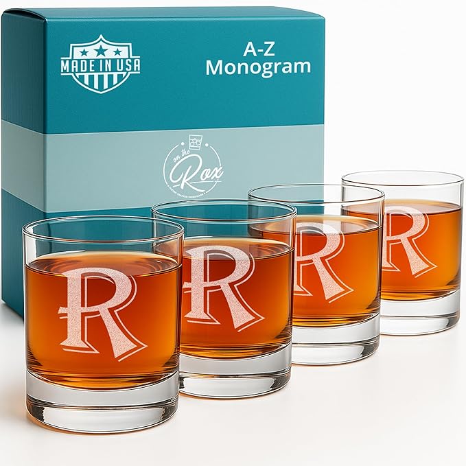 On The Rox (R-Monogram)- 4 Piece Set of 11 Ounce Engraved Heavy Base Rocks Glasses Elegant Glass-Multi-Purpose Beverage-Rocks Glass- Gift for any Occasion Drinks