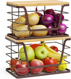 ALOCEO 2 Pack Stackable Wire Storage Basket with Bamboo Lip, Trash Bag Dispenser Under Sink for 4-13 Gal Bags, Kitchen Storage Bins for Potato and Onion, Brown