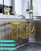 HapiRm Multifunctional Sponge Holder - 2 Installation Methods Sink Caddy with Unique M-Shaped, Stainless Steel Kitchen Sink Organizer for Sponge, Brush, Stopper and Scraper - Gold