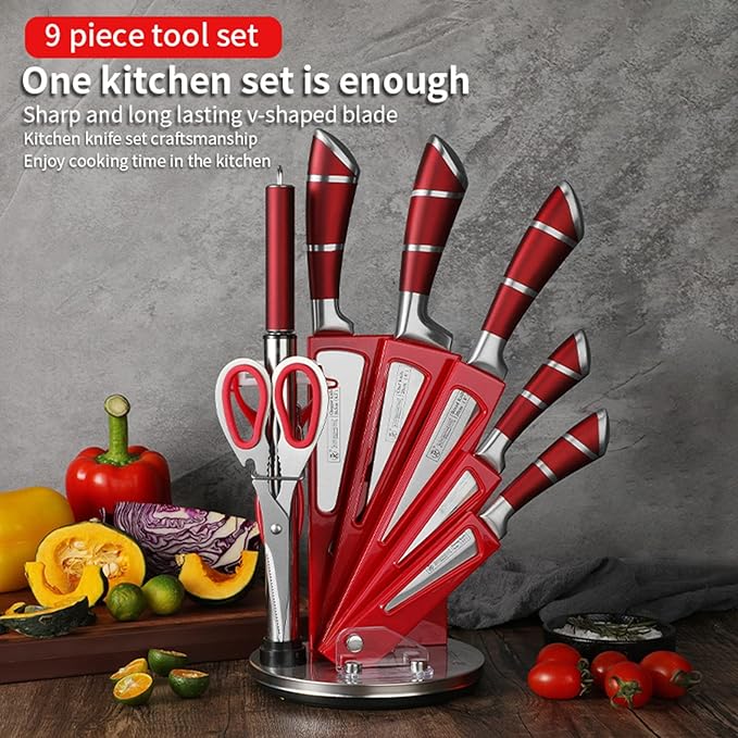 Kitchen Knife Set, 9-Piece Red Kitchen Knife Set with Acrylic Block, Non Stick Sharp High Carbon Stainless Steel Knife Set for Kitchen Cutting Meat Slicing Chopping Kitchen Gifts for Women (Red)