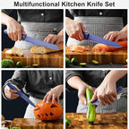 Kitchen Knife Set with Block, 6-Piece Non-stick Stainless Steel Sharp Knives Set for Precision Cutting with Universal Knife Block for Kitchen, Ergonomic Design & Dishwasher Safe, Purple