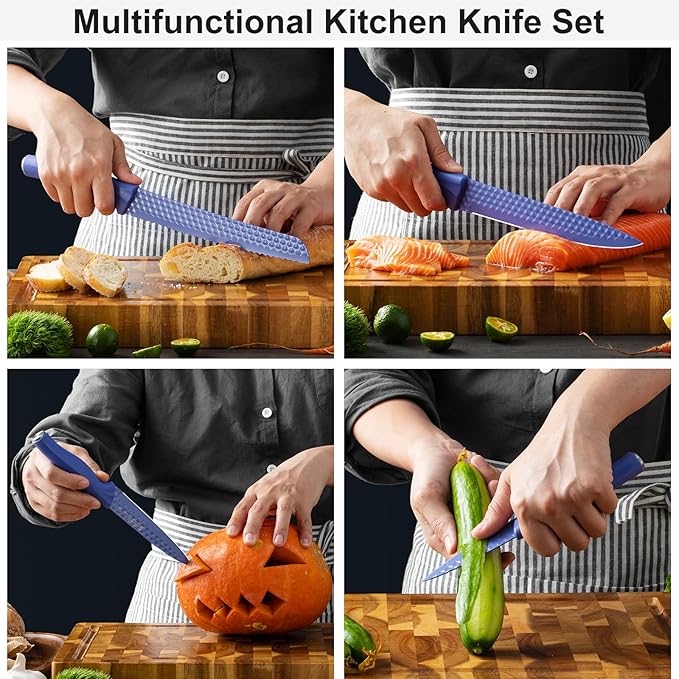 Kitchen Knife Set with Block, 6-Piece Non-stick Stainless Steel Sharp Knives Set for Precision Cutting with Universal Knife Block for Kitchen, Ergonomic Design & Dishwasher Safe, Purple
