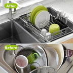 JASIWAY Dish Drying Rack in Sink, Expandable Stainless Steel Dish Drainer for Kitchen Sink, Dish Strainer Rack, Retractable Over Sink Dish Rack with Utensil Holder, 13.4''~16.9''D x 12.2''W, Silver