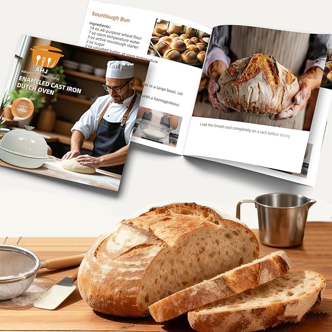 AHJ 6QT Dutch Oven For Bread Baking, Enameled Cast Iron Dutch Oven Pot with Lid, Multi-Functional Bread pan, Sourdough Baking Supplies with Proofing Basket, Cast Iron Bread Oven, Silicone Sling & Gloves.