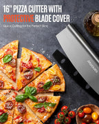 Mooues Pizza Peel Aluminum Pizza Spatula, Metal Pizza Paddle(14inx 16in) with Rocker Cutter Foldable Wood Handle, [Storage bag included], for Family Pizza Oven Baking Pizza, Dough, Bread & Pastry