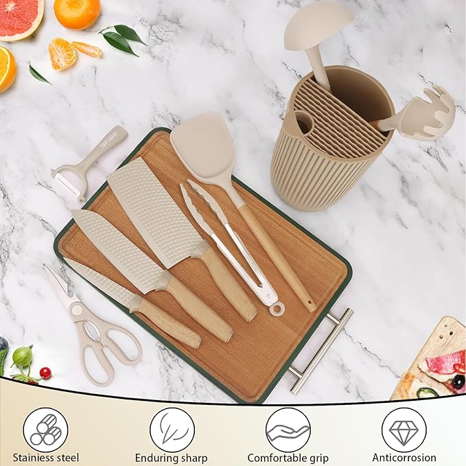 Knife Set, 10 Pieces Professional Kitchen Knife Set with Universal Knife Block, Non-stick Heat Resistan Kitchen Tools and Gadgets with Wooden Handle (Khaki)