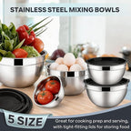 E-far Mixing Bowls With Lids Sets of 5, 10-Piece Stainless Steel Salad Metal Nesting Bowl for Baking Cooking and Prepping, Airtight Lid & Stackable Design, Size 4.6, 3, 2.1, 1.5, 0.7 QT, Black