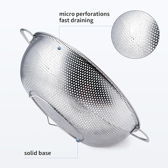 Gulex Stainless Steel Colander and Strainer Set(5-Quart and 3-Quart)，Metal Strainers with Base, Strainer for Kitchen Food, Dishwasher Safe