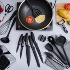 RAXCO Kitchen Utensils Set For Cooking-7 Cooking Utensils,5 Kitchen Utensils,6 Knife set,utensilios de cocina(18-in-1) (Black)