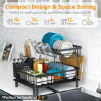 Dish Drying Rack, 2 Tier Dish Racks for Kitchen Counter, Compact Drying Rack Kitchen, Rust-Resistant Dish Drainer, Detachable Space-Saving Dish Rack with Drainboard, Utensil Holder, Black