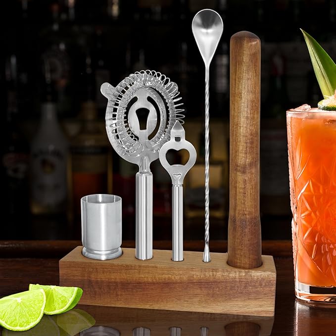 OGGI 6-Piece Slim Bartender Kit - Ideal Bar Cart Accessories, Great Decor and Accessories for the Home Bar, Bartending Kit - Acacia Base & Muddler, Stainless Stirrer, Opener, Jigger, Cocktail Strainer