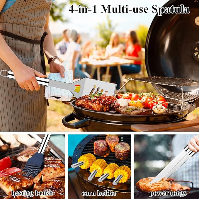 ROMANTICIST 27pcs Heavy Duty Grilling Gifts for Men Dad Fathers Day, Extra Thick BBQ Accessories Tools Set, Stainless Steel Grill Utensils Kit with Meat Claws, Canvas Bag for Outdoor Camping Silver