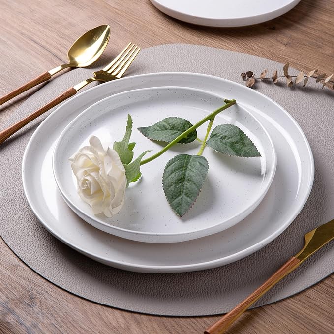 AmorArc Ceramic Dinnerware Sets for 4, 12 Pieces Handpainted Plates and Bowls Set with Rustic Terracotta Underside, Scratch Resistant Stoneware Dishes Set, Dishwasher & Microwave Safe, White