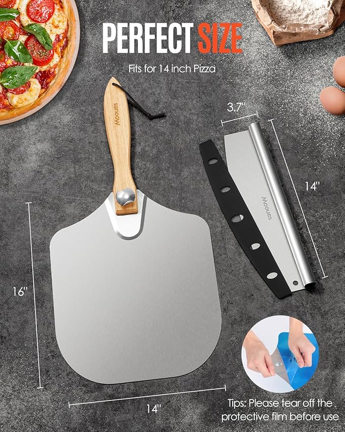 Mooues Pizza Peel Aluminum Pizza Spatula, Metal Pizza Paddle(14inx 16in) with Rocker Cutter Foldable Wood Handle, [Storage bag included], for Family Pizza Oven Baking Pizza, Dough, Bread & Pastry