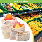 Pack of 12 Reusable Grocery Bags, 3 Sizes (4xS+4xM+4xL) Reusable Shopping Bags Heavy Duty Cotton Bags Mesh Bags for Vegetables, Enhanced Closure Edge, Double Stitched, with Tare Weight