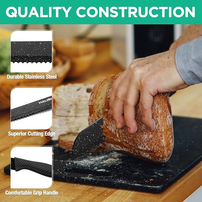 HAUSHOF Kitchen Knife Set, 5 PCS Knife Sets with Arcylic Block, Teflon Coated Black Knives Set for Kitchen, Premium Stainless Steel Knives Set with Ergonomic Handle, Great for Slicing, Dicing&Cutting