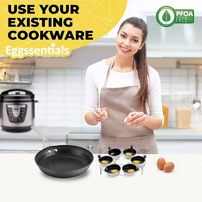 Eggssentials Egg Poacher Insert Stainless Steel Poached Egg Cooker Eggs Poaching Cup PFOA Free Egg Poachers Nonstick, 9 inches Rack, 6 Poached Cups