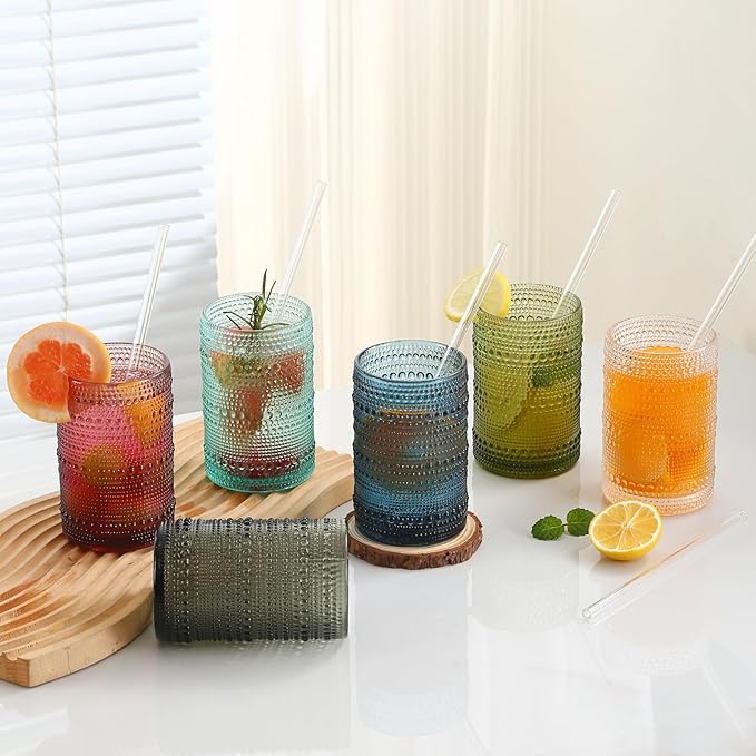 KMIGRUAN 15oz Colored Hobnail Drinking Glasses Set of 6,Vintage Kitchen Glassware, Embossed Beaded Glass Cups,Water Tumbler for Cocktail,Juice and Various Mixed Drinks