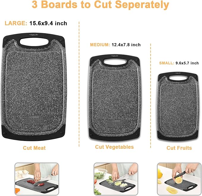 Viretang Plastic Cutting Boards Set of 3 Extra Large for Kitchen, Thick Chopping Board with Deep Juice Grooves, Non‑Slip Feet, Easy Grip Handle, BPA Free, Dishwasher Safe,Black