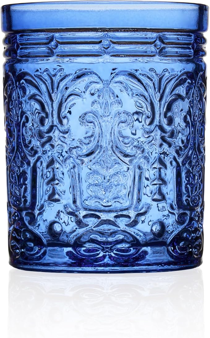 Godinger Old Fashioned Whiskey Glasses, Drinking Glasses, Vintage Decor, Glass Cups, Water Glasses, Cocktail Glasses - Jax Collection, 12oz, Blue, Set of 4