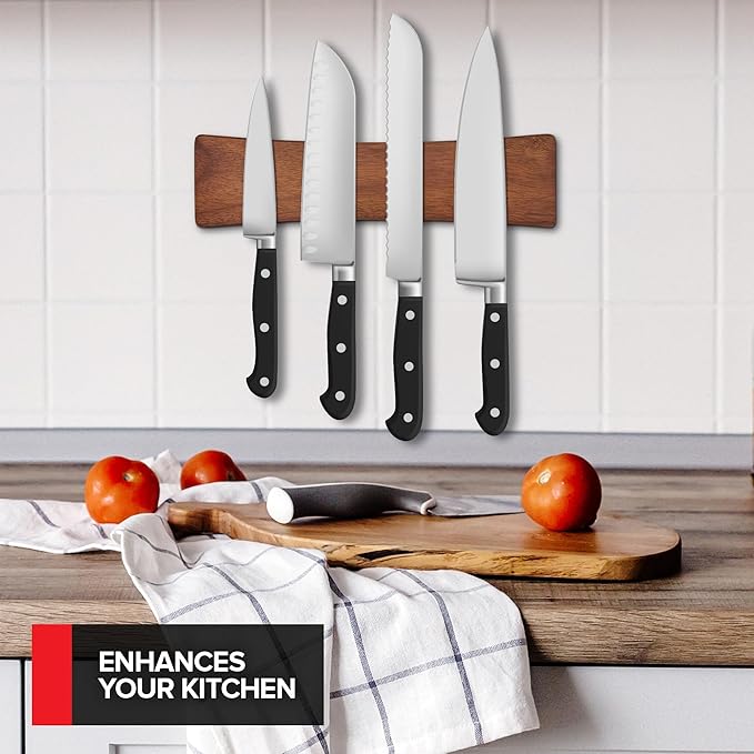 10 Inch Acacia Wood Magnetic Knife Holder with Multipurpose Use, Magnetic Knife Holders for Kitchen, Wooden Knife Rack, Magnet Strips for Knives & Metal Utensils, Tool Holder, Art Supply Organizer