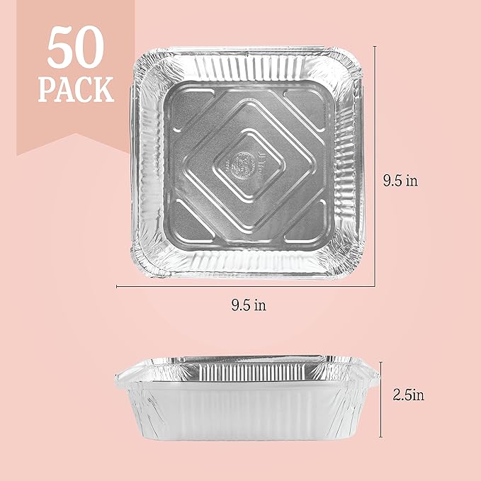 PLASTICPRO Disposable 9'' X 9'' X 2'' Inch Square Aluminum Tin Foil Baking Pans Bakeware - Cookware Perfect for Baking Cakes, Breads, Brownies, Bread, Meatloaf, Lasagna, Pack of 50