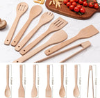 Eisinly Wooden Spoons for Cooking 7-Piece, Kitchen Nonstick Wood Cooking Utensils Set, Durability Wooden Spatula Spoon for Everyday Use, Light Yellow