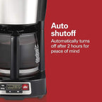 Hamilton Beach 5 Cup Drip Coffee Maker with Easy FrontFill Basket, Compact Design, Programmable Clock, Glass Carafe, Auto Pause and Pour, Black & Stainless Steel (46111)