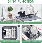 TOOLF Expandable Dish Drying Rack Over The Sink Adjustable Dish Rack in Sink Or On Counter Dish Drainer with Utensil Holder Rustproof for Kitchen