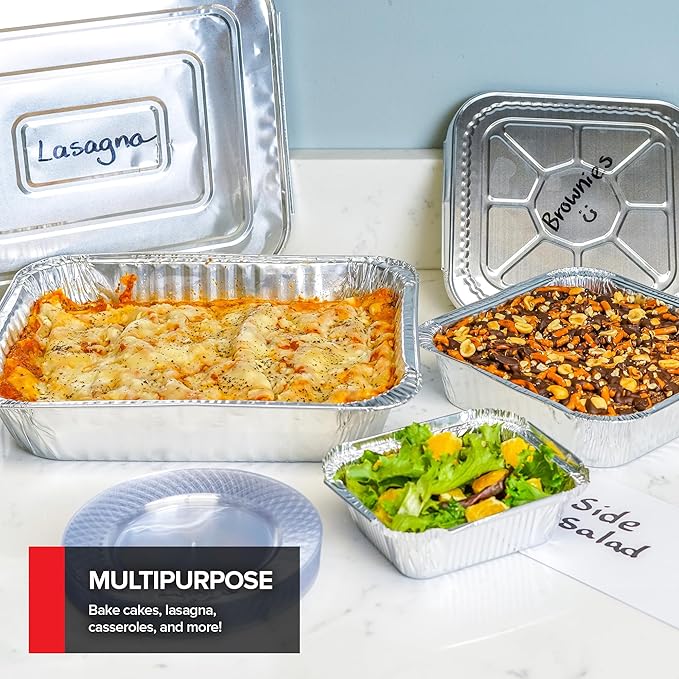 Stock Your Home Disposable Foil Pans with Lids (Set of 40) Heavy Duty Aluminum Pans with Lids (20) 9x13, (10) 8x8, (10) 1-Lb Baking Tins with Covers for Cooking, Heating, Storing, Holiday Dinner Meals