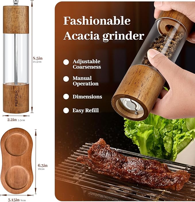 Premium Acrylic Salt and Pepper Shakers, 2Pack Manual Salt and Pepper Grinder Set with Base, Wooden Refillable Pepper Grinder with Adjustable Ceramic Core - 8 Inches