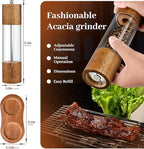 Premium Acrylic Salt and Pepper Shakers, 2Pack Manual Salt and Pepper Grinder Set with Base, Wooden Refillable Pepper Grinder with Adjustable Ceramic Core - 8 Inches