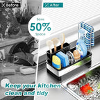 304 Stainless Steel Sink Caddy with Auto-Drain, Kitchen Sink Organizer Sponge Holder with Towel Rack & Removable Brush Holders, Countertop Storage for Soap Dispenser, Dishcloth, Kitchen Accessories