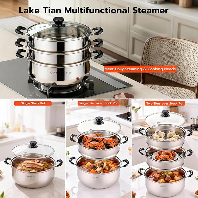 3 Tier Stainless Steel Steamer Pot For Cooking With Stackable Pan Insert, Food/Vegetable Steamer Cooker, Cookware Pot/Saucepan with Glass Lid, Multilayer By Lake Tian (26cm/10in)