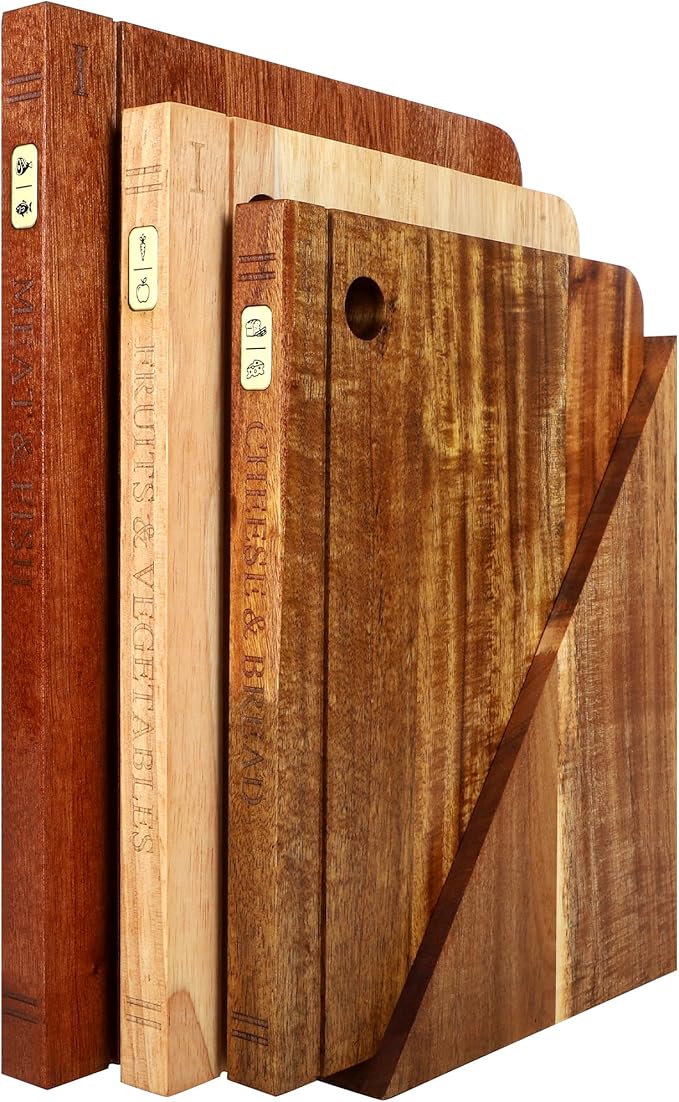 Book Cutting Board Set with Separated Stand, 3 Piece [Acacia/Ebony/Rubber] Wood Cutting Boards That Look Like Books for Kitchen Decor, Reversible Thick Chopping Board with Brass Food Labels
