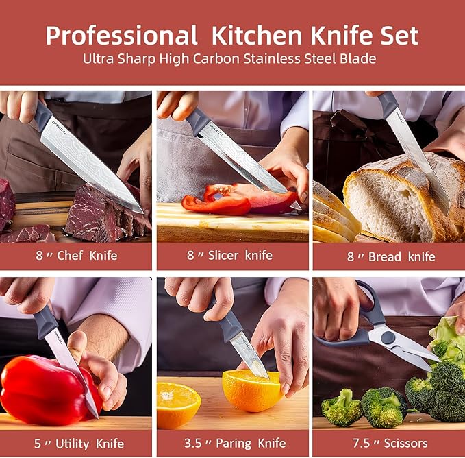 RAXCO 10-Piece Kitchen Knife Set | Stainless Steel Holder | Compact Design - Gray