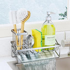 SWTYMIKI Sink Caddy Sponge Holder - Kitchen Sink Organizer with Stainless Steel Self Drain Tray & High Brush Holder for Countertop to Hold Dish Soaps and Sponges, Stainless Steel, Silver