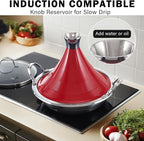 Cooks Standard Moroccan Tagine Pot 3.6 Qt, 11 Inch Multi-Ply Clad Stainless Steel Pan with Dual Handles, Clay Pot Alternative for Slow Cooking, with Conical Die-Cast Aluminum & Glass Lid, Red
