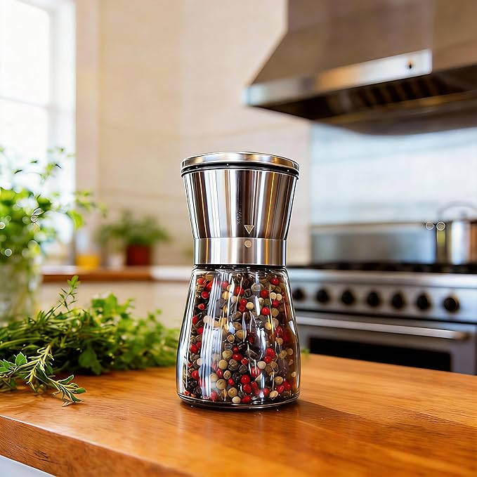 Gorgeous Salt & Pepper Grinder Set — Refillable Stainless Steel & Glass Spice Mill with Adjustable Coarseness — Perfect For Himalayan Or Sea Salts, Fresh Ground Pepper, Or Fresh Spices (1 Pack)