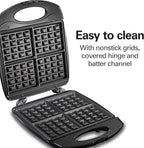 Hamilton Beach Non-Stick Belgian Waffle Maker with Indicator Lights, Makes 4 4" x 5" Mini Waffles, Hashbrowns or Keto Chaffles at Once, Compact Design for Easy Storage, Black & Stainless Steel (26020)