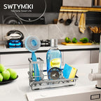 SWTYMIKI Kitchen Sink Caddy Sponge Holder, Kitchen Sink Organzier and Storage with High Brush Holder and Drip Tray for Dish Sponges, Silver