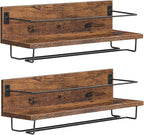 HOOBRO Wall Mounted Wine Rack 2 Pack, Wine Shelf Hanging Floating Wall Shelves, Wine Glass Bottle Rack Stemware Holder, for Living Room, Dining Room, Kitchen, Rustic Brown and Black BF28BJ01