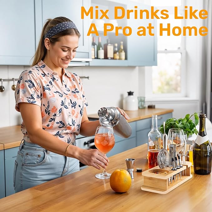 16 Piece Bartender Kit with Bamboo Stand | Cocktail Shaker Set Essential Bar Tools Wine Shaker Ice Filter Mixing Spoon Jigger Wine Dispenser