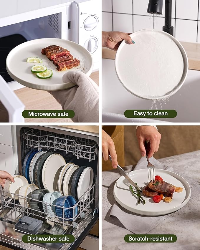 Famiware Star Dinnerware Set with Pasta Bowls, Service for 4 (16pcs), Ribbed Stoneware Plates and Double Bowls Dishes Sets - Chip & Scratch Resistant, Microwave & Dishwasher Safe, Matte White